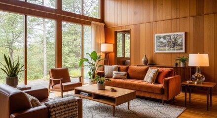 Fototapeta premium Cozy Mid Century Living Room With Large Windows and Wood Paneling