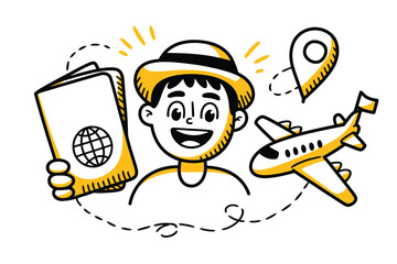 A happy traveler with passport airplane and location pin in a doodle style illustration for travel theme