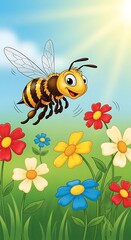 Happy Cartoon Bee Flying Over Colorful Flowers in Sunny Meadow; Childrens Book Illustration