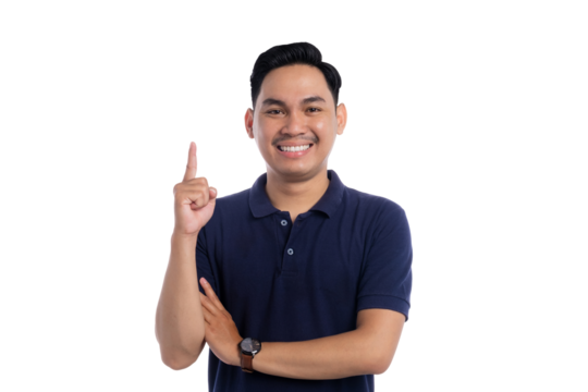 Smiling Asian man raising index finger with bright idea expression isolated on transparent background
