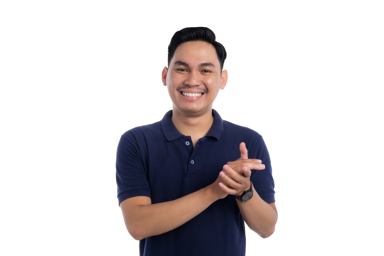 Smiling Asian man clapping hands with proud and cheerful expression isolated on transparent background