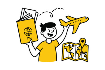 A cartoon man smiling and holding a passport airplane and map on a white background illustration art