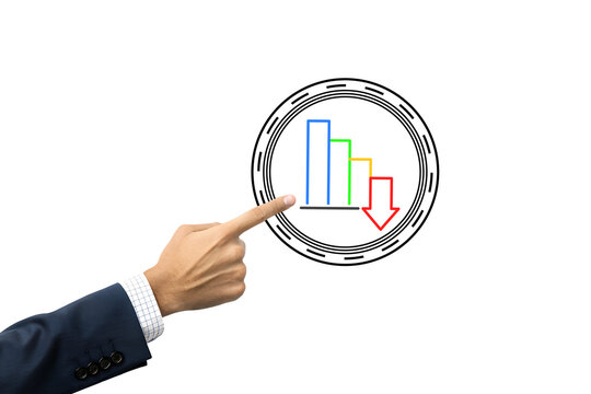 Hand pointing at a digital icon of a declining bar chart with a red downward arrow, representing loss, decrease, or negative growth on white background.