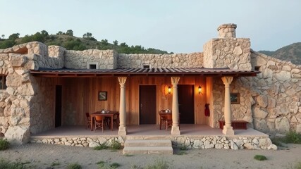A rustic stone house stands against a mountainous backdrop, evoking a sense of rural charm and history - Powered by Adobe