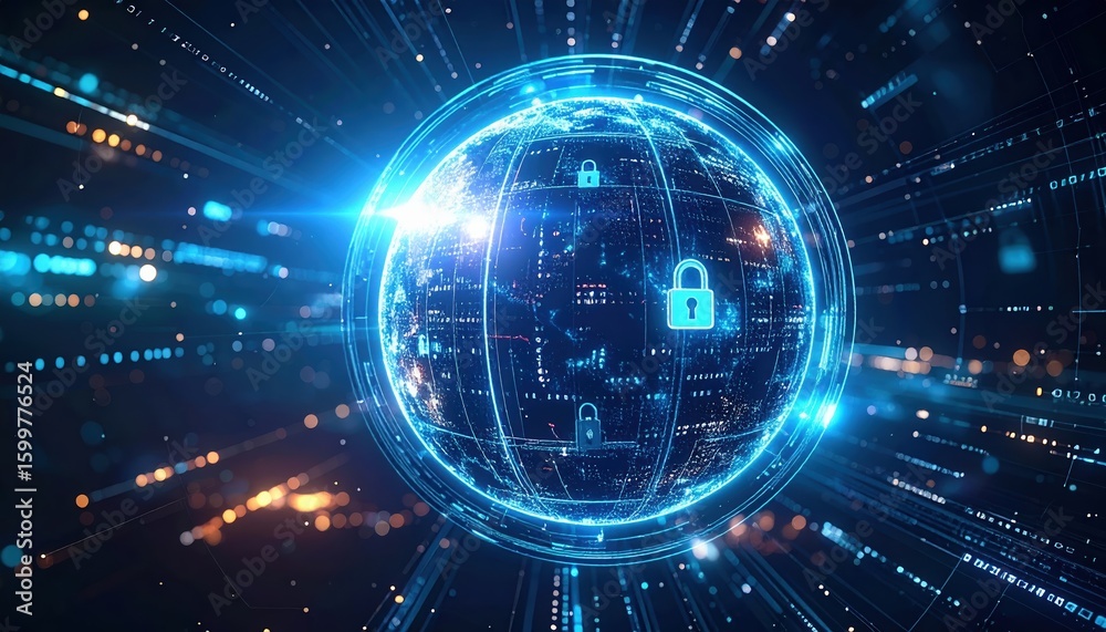 Poster digital security concept with glowing blue globe surrounded by cybersecurity icons and data streams 