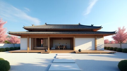 Obraz premium View of modern house in Korean style on blue sky background, Contemporary residence design. 3D rendering