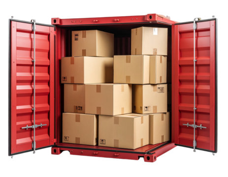 Open red shipping container filled with stacked cardboard boxes isolated on transparent background PNG