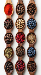Overhead view of assorted colorful spices artfully arranged in wooden spoons on a clean white background. Vibrant textures and hues showcase culinary variety and natural ingredients.

