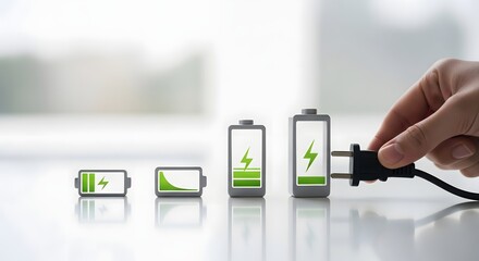 Human hand plugging a charger into a series of battery icons showing progress from low to full, symbolizing energy recharge and power growth