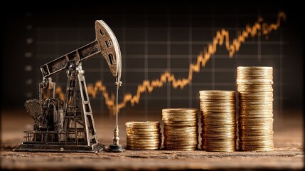 Oil pump and stacked barrels placed beside rising data trendline illustrate energy market growth, fossil fuel insights, and financial forecasting through oil sector analytics.