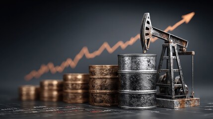 Oil pump and stacked barrels placed beside rising data trendline illustrate energy market growth, fossil fuel insights, and financial forecasting through oil sector analytics.