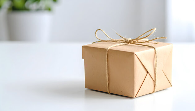 Brown Kraft Box with Twine on White Table