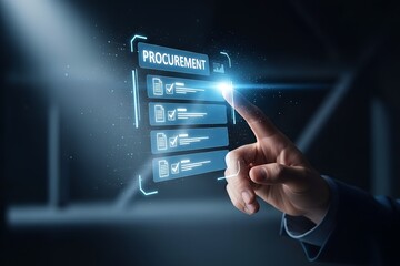 Digital procurement concept with hand interacting and modern blue interface on dark background