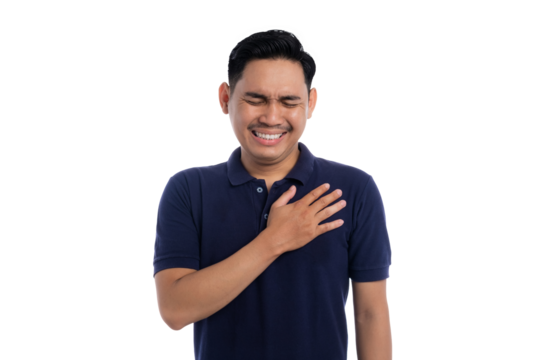 Young man touching chest with eyes closed and emotional expression isolated on transparent background