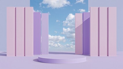Empty circular purple podium with pink pillars under a blue sky