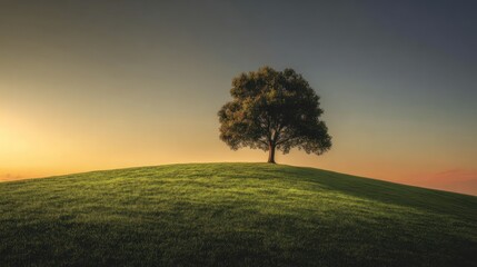 Obraz premium Isolated Tree on Radiant Hilltop in the Glow of Sunset