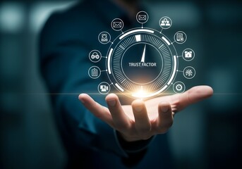 Fototapeta premium Businessman presenting trust concept with interface icons related to business communication and services