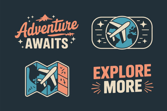 Collection of travel themed graphic designs with adventure awaits and explore more messages shown