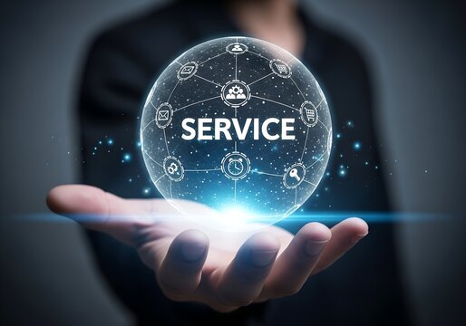 Businessman holding a glowing sphere symbolizing global online service and support