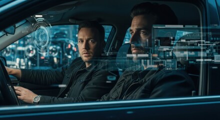 Two men in a car driving with a futuristic heads up display