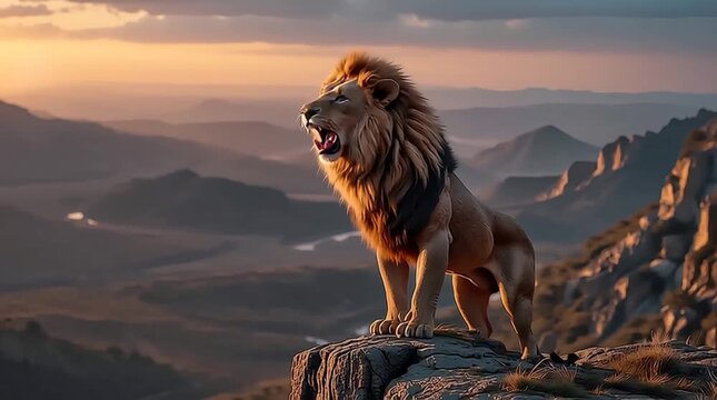 The video features a male lion with a thick mane roaring at the top of a cliff, set against a backdrop of mountain scenery and a beautiful sunset sky.