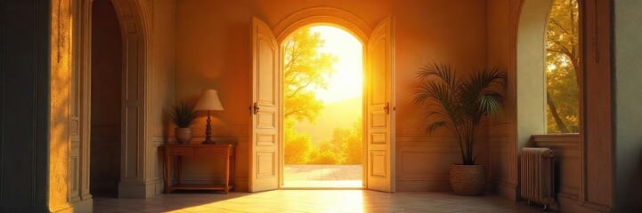 A brightly lit, welcoming open doorway reveals a sun-drenched interior, promising warmth and comfort Perfect for themes of hospitality, new beginnings, and opportunity , building, bright room