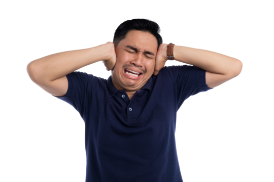 Frustrated man covering ears with hands and showing stressed facial expression isolated on transparent background