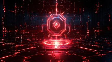 Futuristic Red Digital Interface: Neon Lights and Circuitry