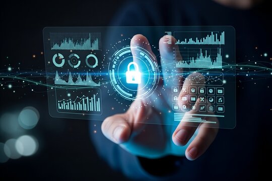 Futuristic digital interface with padlock indicating data security and information protection - Powered by Adobe