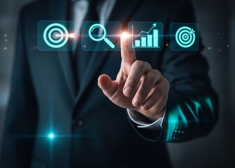 Fototapeta premium Business professional using touchscreen interface for achieving business goals and growth strategy.