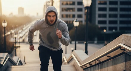 Intense urban athlete powering up staircase with determination and athletic prowess