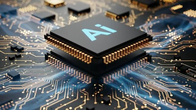  Ai chip advanced technology Microprocessor Connecting with Motherboard and pc system AI on chip glowing energy lines ai cpu gpu circuit board technology video close up of computer circuit board