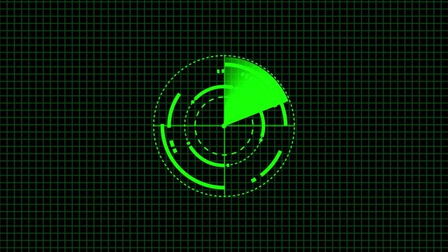 Rader Hud technology rotated animated, Object location detection technology and signal waves .3d radar. on grid and earth icon background.