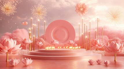 Banner design for diwali festival and podium,Diwali light decoration candle with fireworks,Stage,Product display Showcase design sparkle background,Deepavali,Dipavali,3D podium illustration.