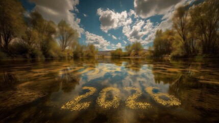 Fototapeta premium Celebration of new beginnings in the serene landscape with reflections of 2026 on the water Generative AI