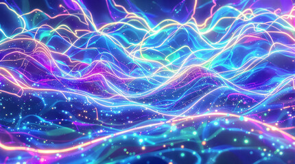 Fototapeta premium Abstract digital artwork depicting luminous, flowing lines in vibrant hues of blue, pink, and purple, resembling a celestial landscape with glittering particles