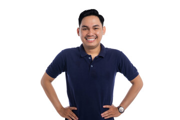 Confident smiling man standing with hands on hips showing positive body language and self-assurance...