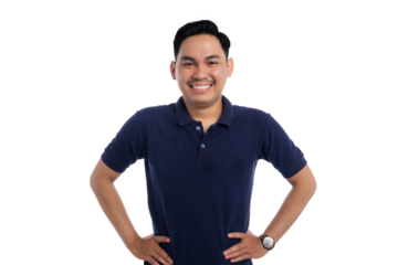 Confident smiling man standing with hands on hips showing positive body language and self-assurance isolated on transparent background