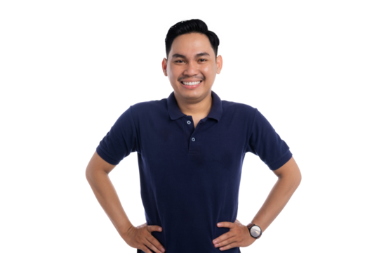Confident smiling man standing with hands on hips showing positive body language and self-assurance isolated on transparent background