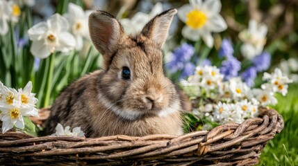 Fototapeta premium Adorable bunny nestled in a springtime flower basket.