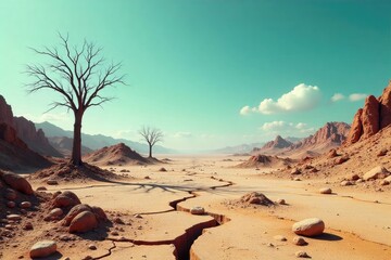 A desolate, sun-bleached landscape stretches to a cracked horizon, broken only by skeletal trees and crumbling structures; a post-apocalyptic vista , lifeless, time, sky