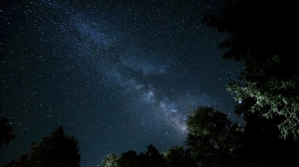 Fototapeta premium A mesmerizing view of a starry night sky reveals the Milky Way arching over a peaceful forest. The trees frame the celestial wonder, creating a serene atmosphere.