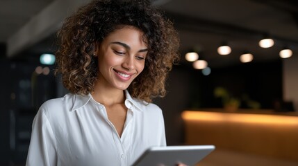 AI workforce solutions concept, Smiling woman using a tablet, illuminated by soft lighting in a modern setting.