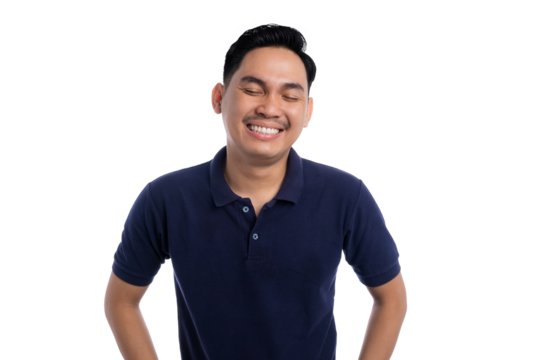 Cheerful man smiling with eyes closed showing relaxed and happy expression isolated on transparent background - Powered by Adobe