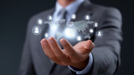 Naklejka premium AI workforce solutions concept, A businessman holds a virtual network map, symbolizing global connectivity and technology.