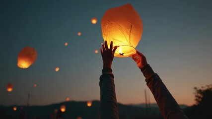 close-up of hands releasing paper lanterns into the sky at a remembrance ceremony