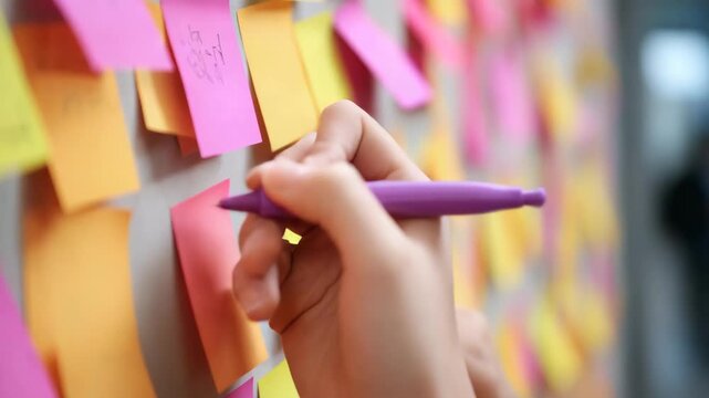 person writing on a memory wall filled with sticky notes and photos,