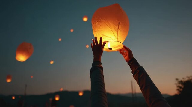 close-up of hands releasing paper lanterns into the sky at a remembrance ceremony