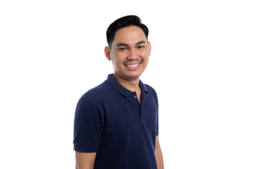 Confident smiling man in navy blue polo shirt looking at camera with relaxed and friendly expression isolated on transparent background