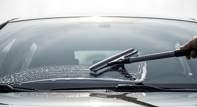 Automotive care, cleaning windshield with squeegee, hand using squeegee to wash car glass, spotless results